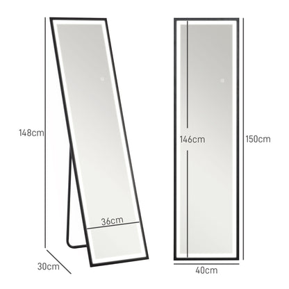 Full Length Mirror with LED Lights, 150 x 40cm Free Standing Mirror with Dimming and 3 Colour Lighting, Leaning or Wall Mirror - Black