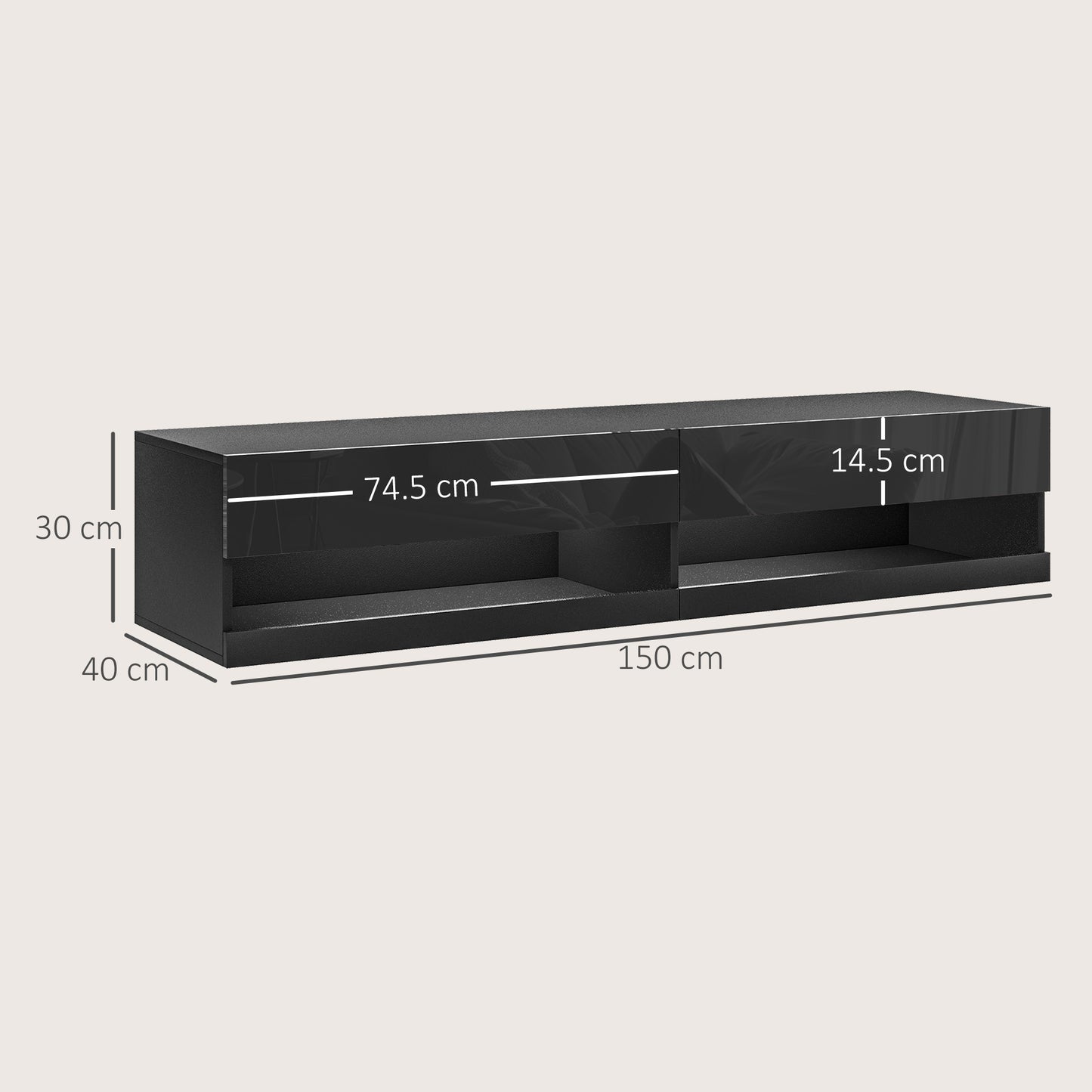 Floating TV Unit Wall Mounted TV Cabinet, High Gloss Media Wall Unit with LED Lights, Storages Shelves for Living Entertainment Room, Black