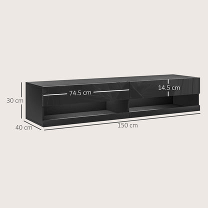 Floating TV Unit Wall Mounted TV Cabinet, High Gloss Media Wall Unit with LED Lights, Storages Shelves for Living Entertainment Room, Black