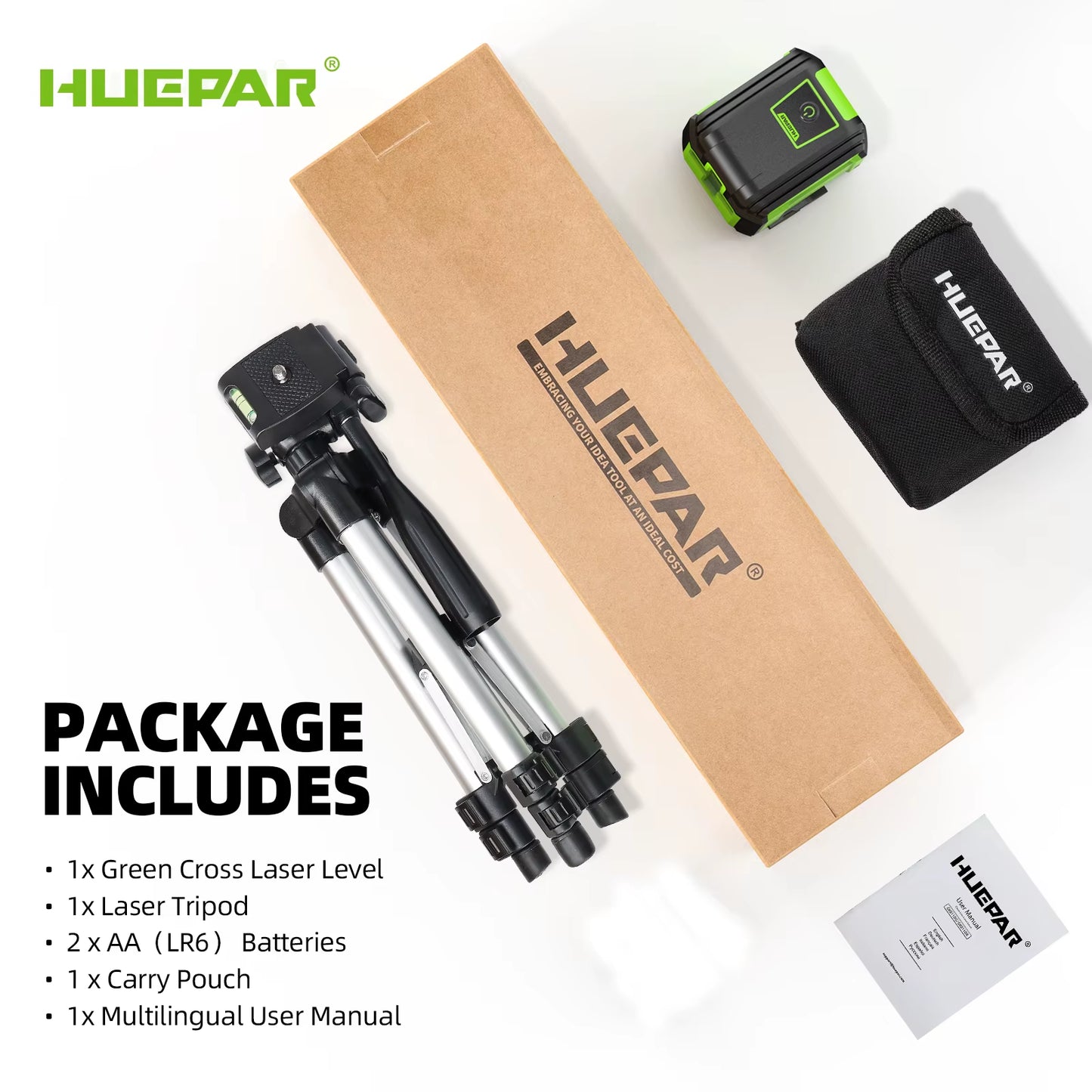 Huepar Cross Line Laser Level with 0.65M Tripod 2 Lines Germany Osram Self-Leveling Horizontal & Vertical Laser Leveling Tool