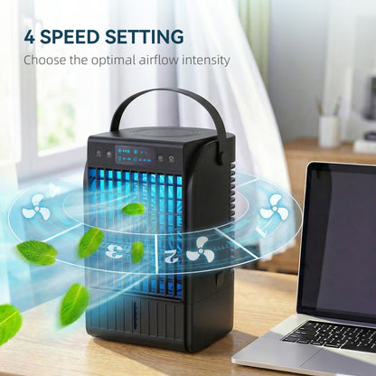 Portable Air Conditioner, 4-in-1 Mini Air Cooler with 4 Wind Speed, 2 Cool Mist, RGB 7 LED Light, Black / White