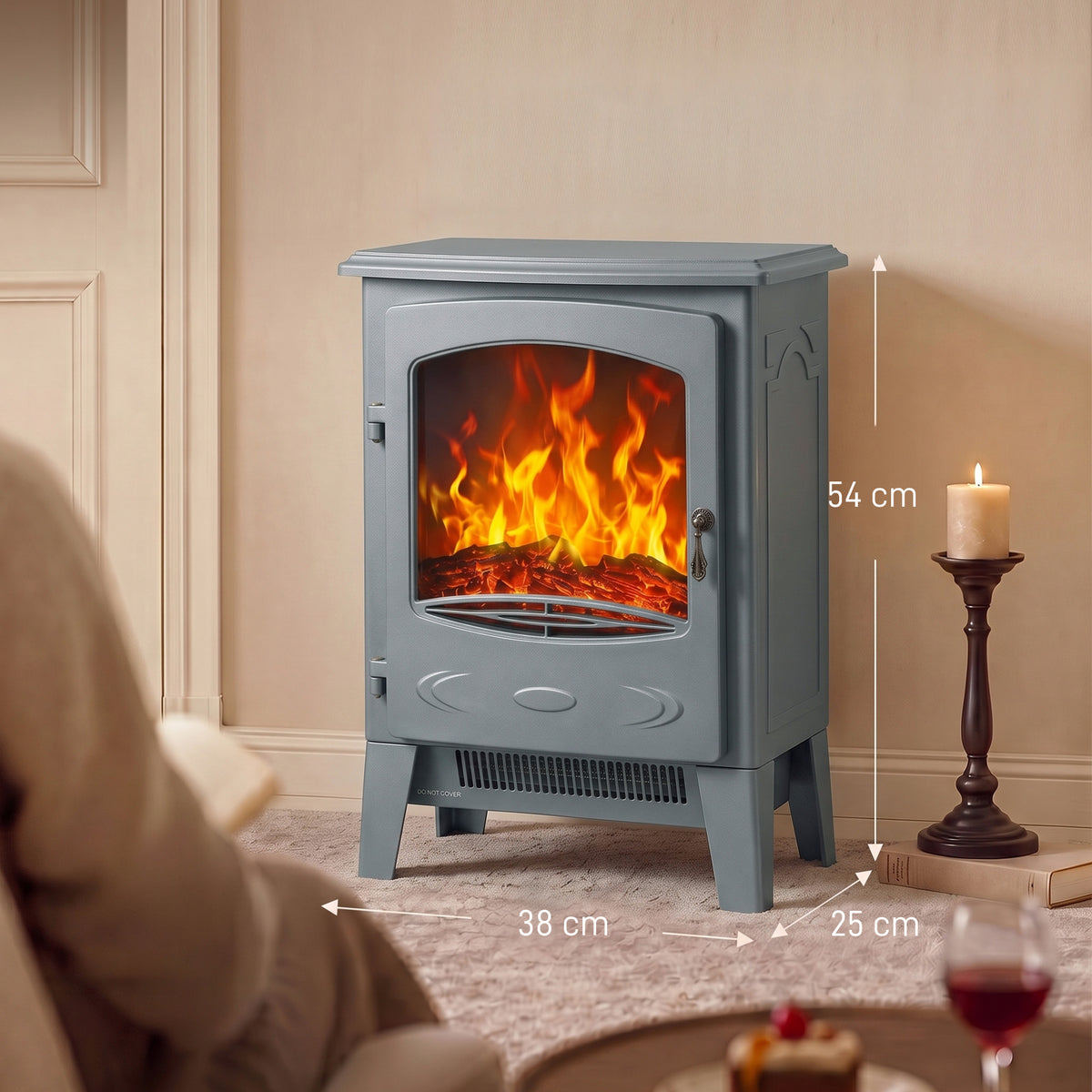 Freestanding Electric Fireplace Stove | Red LED Flame | 1000W/2000W | Forced-Air Fan | Grey