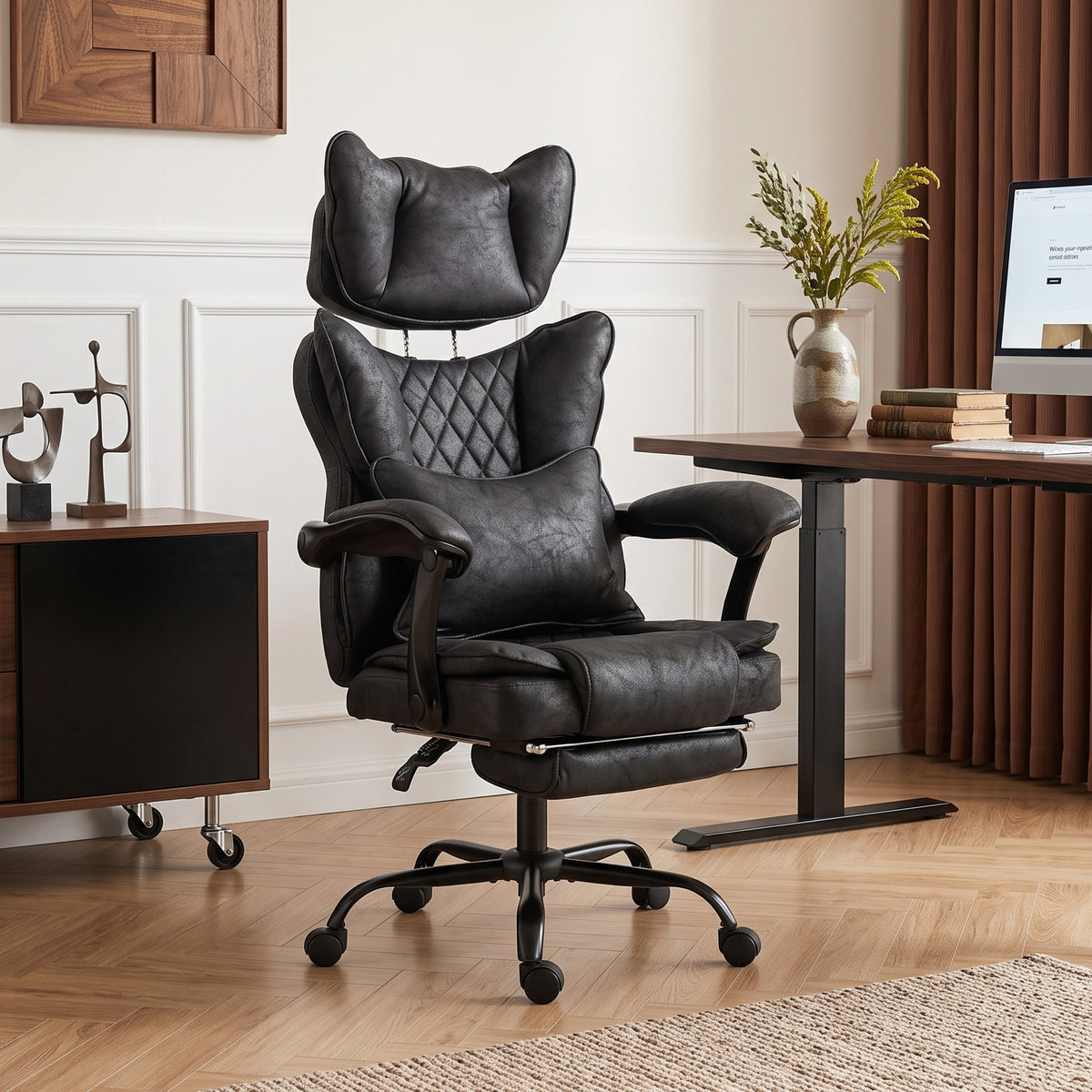 Executive Office Chair | Leathaire | 13cm Spring-Core Seat | 135° Recline & Pull-Out Footrest | Linkage Armrests | Lumbar Pillow | Adjustable Headrest | Fire-Retardant | 180kg | Up to 190cm | Black / Grey
