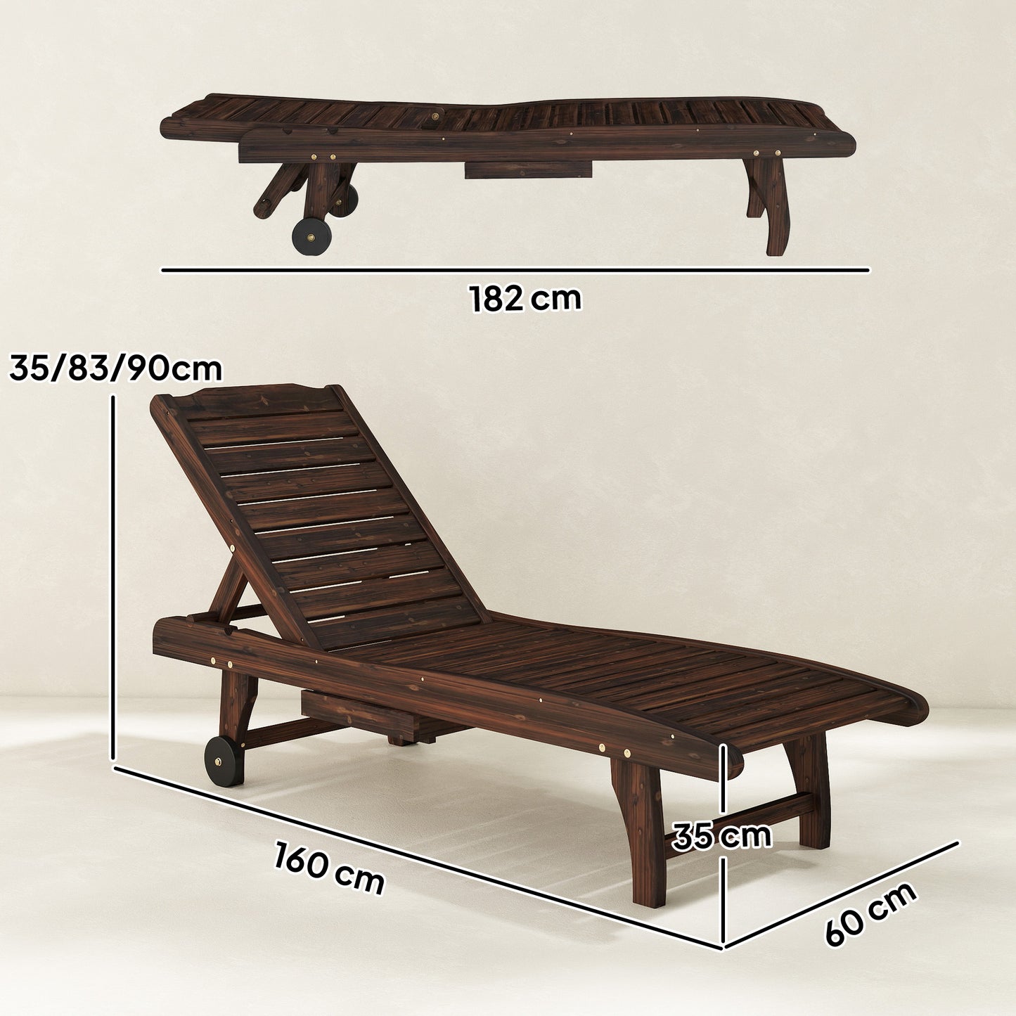 Wooden Sun Lounger | Pull-Out Side Tray | 3-Position Adjustable Backrest | Slatted Fir Wood | Wheels | 182x60cm | 113kg | Carbonised Finish