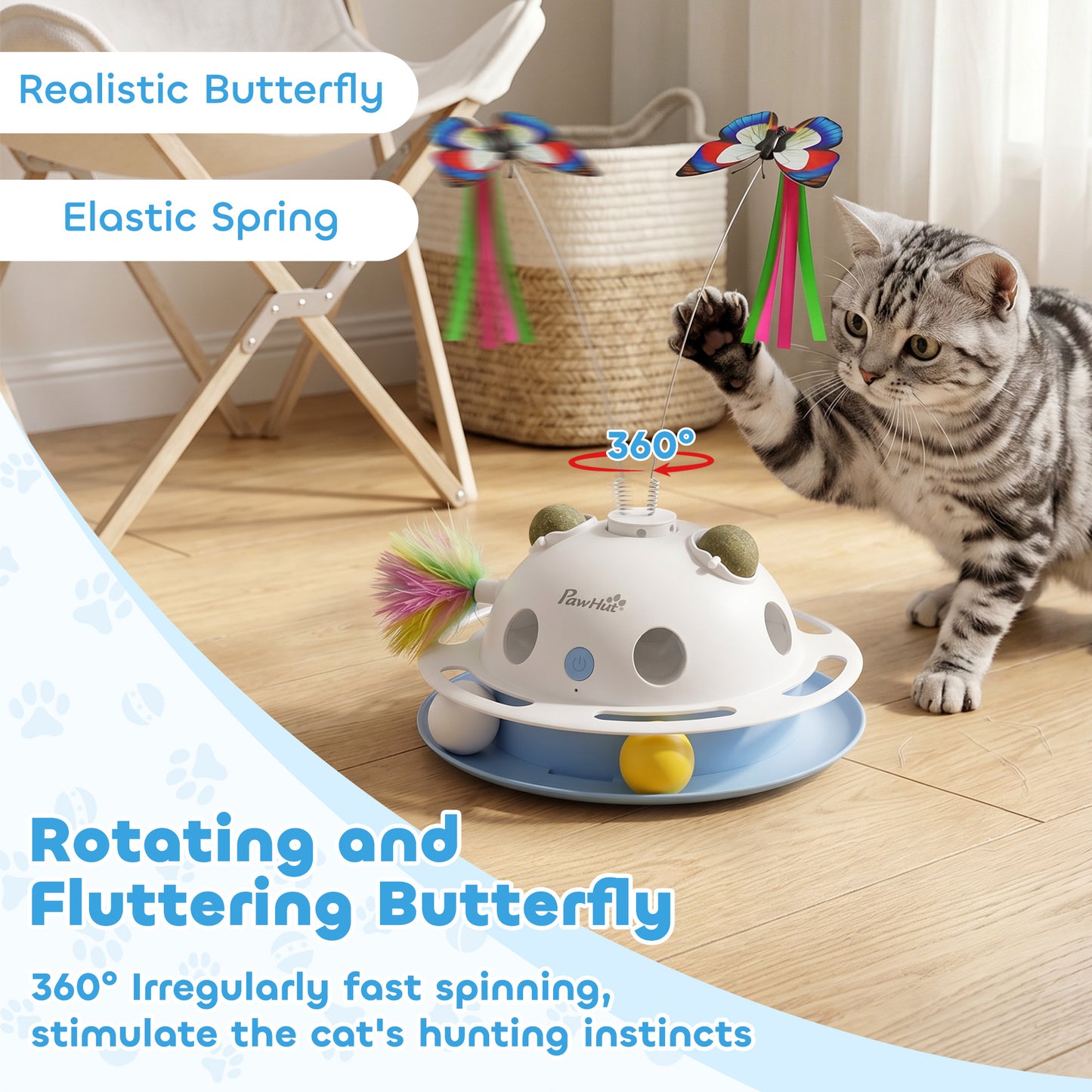 4-in-1 Interactive Cat Toy | Spinning Butterfly | Shooting Feathers | Catnip Balls | Auto Standby | USB & Battery