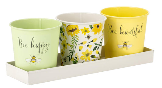 Maison & White Bee-Beautiful Plant Pots & Tray | Set of 3 Painted Steel Herb Pots | Green, Yellow & Floral Bee Design