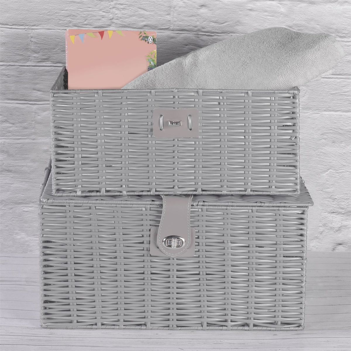 Maison & White Resin Woven Storage Baskets | Set of 3 Grey Lidded Boxes | Small, Medium & Large | Side Handles & Twist Clasps
