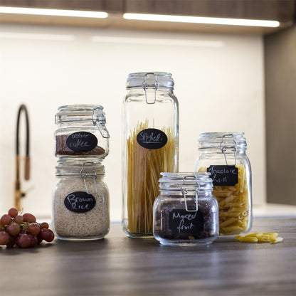 Clip-Top Glass Storage Jars | Assorted Set of 5 | 500ml to 2200ml | Steel Clip & Silicone Seal | Labels & Pen Included | Hand Wash Only | 2-Year Warranty