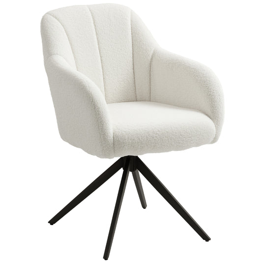 360° Swivel Accent Chair, Teddy Fleece Fabric Armchair, Upholstered Tufted Vanity Chair with Steel Legs for Living Room, Bedroom, Home Office, White