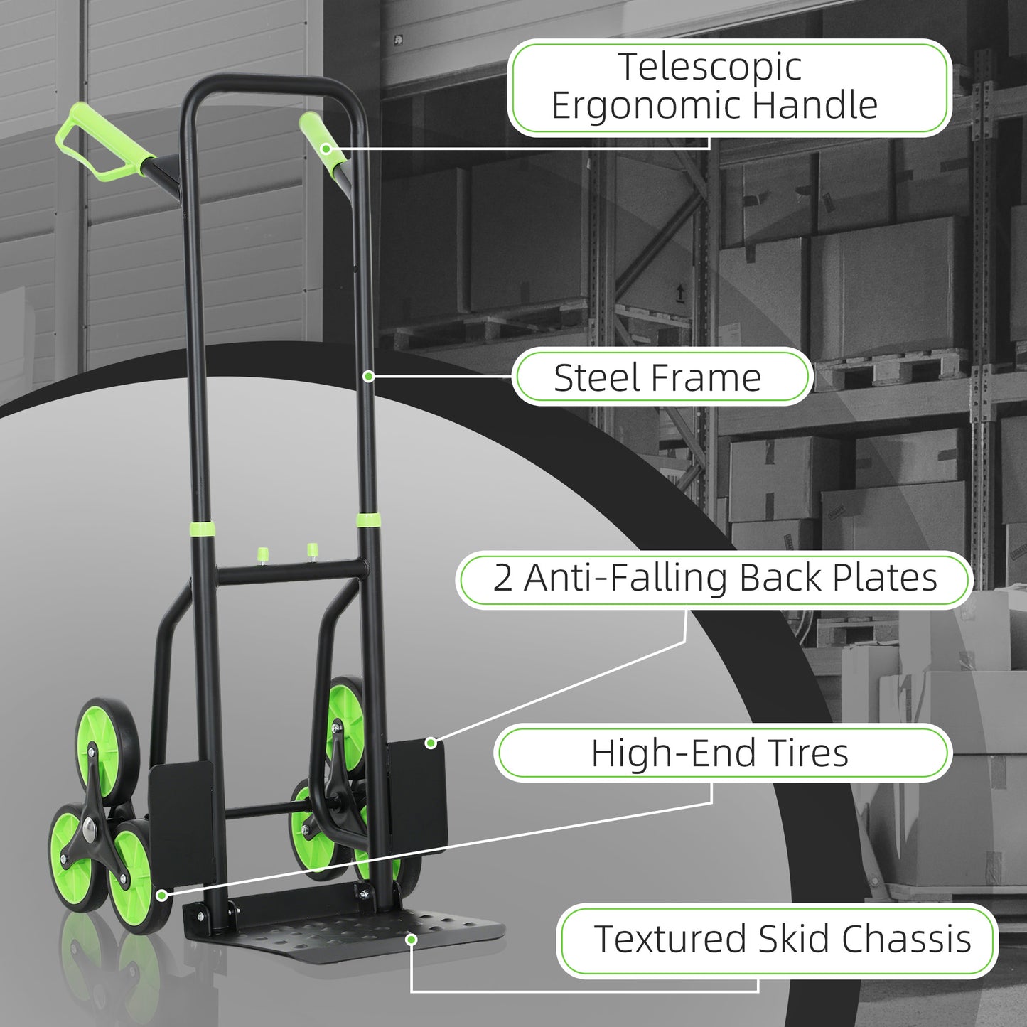 DURHAND Steel Climbing Stairs Trolley Hand Trucks 6-Wheels Foldable Load Cart 120kg, Green / Orange