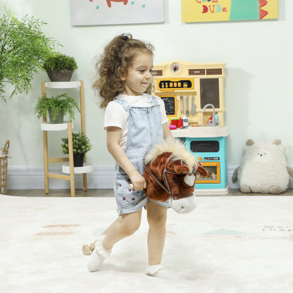 AIYAPLAY Stick Hobby Horse | Brown | Polyester Fabric Poplar Wood | 95cm | Neighing & Galloping Sounds | Wooden Wheels | Grip Handle | EN71 | 3x LR44 Included | Indoor Outdoor | Age 2+