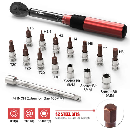 EZARC 16Pcs 1/4'' Torque Wrench Set with Double Scale 2-20 Nm, Precise Ratchet Wrench Repair Spanner Key Bicycle Maintenance Kit