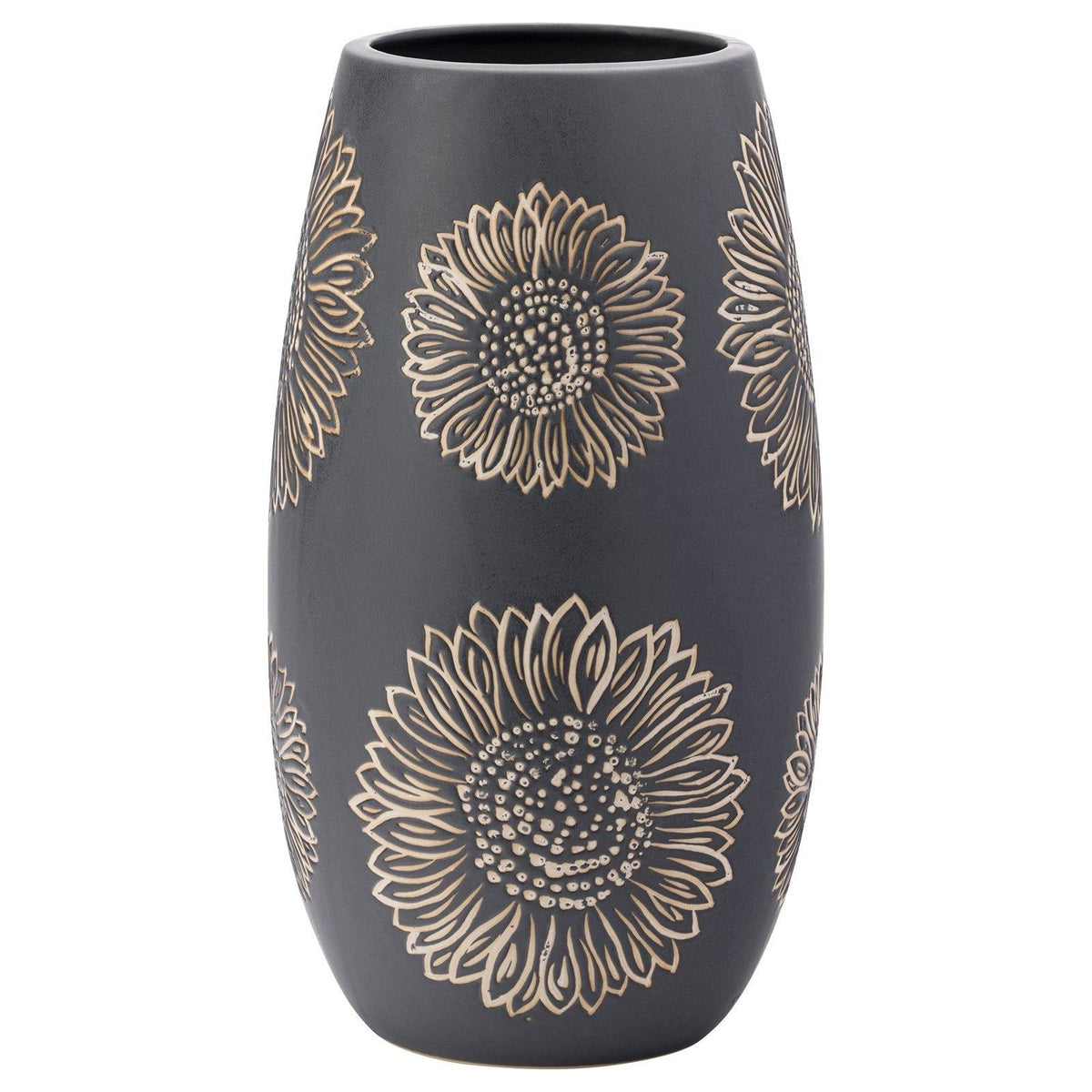 The English Tableware Company Artisan Flower Vase | Wax Resist Sunflower Design | Charcoal Grey Earthenware | 25cm Tall