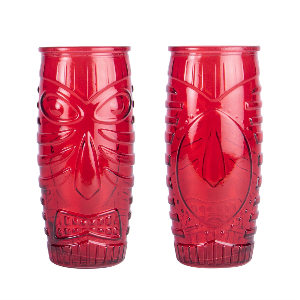 Pukkr Tiki Cocktail Glasses | Set of 2 × 600ml | Red & Green Embossed Face Design | Tropical Cocktail & Mocktail Tumblers
