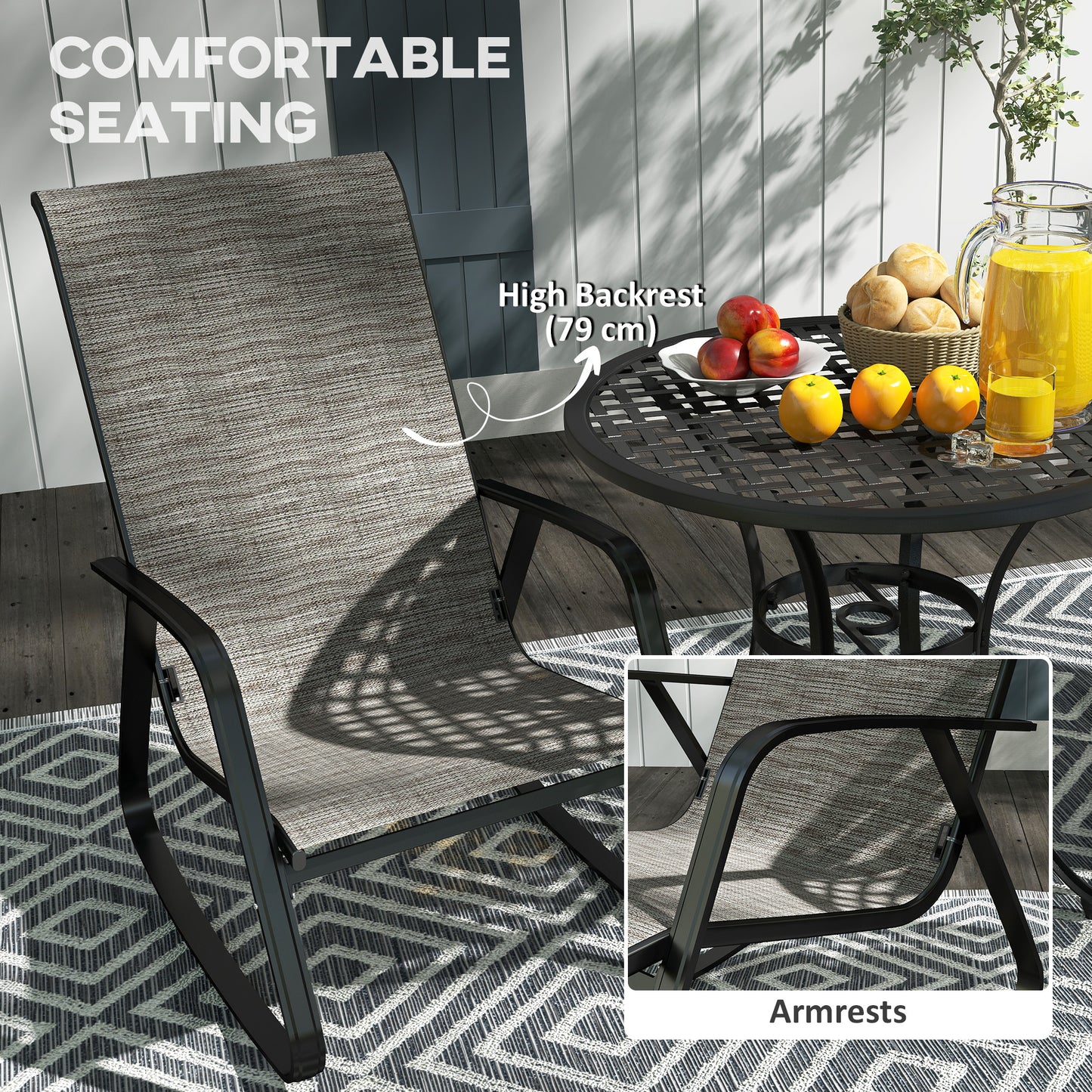 Outsunny Garden Rocking Chair, Ergonomic Outdoor Rocking Chair with Armrests, High Backrest, Steel Frame Relaxing Rocker Armchair Seat