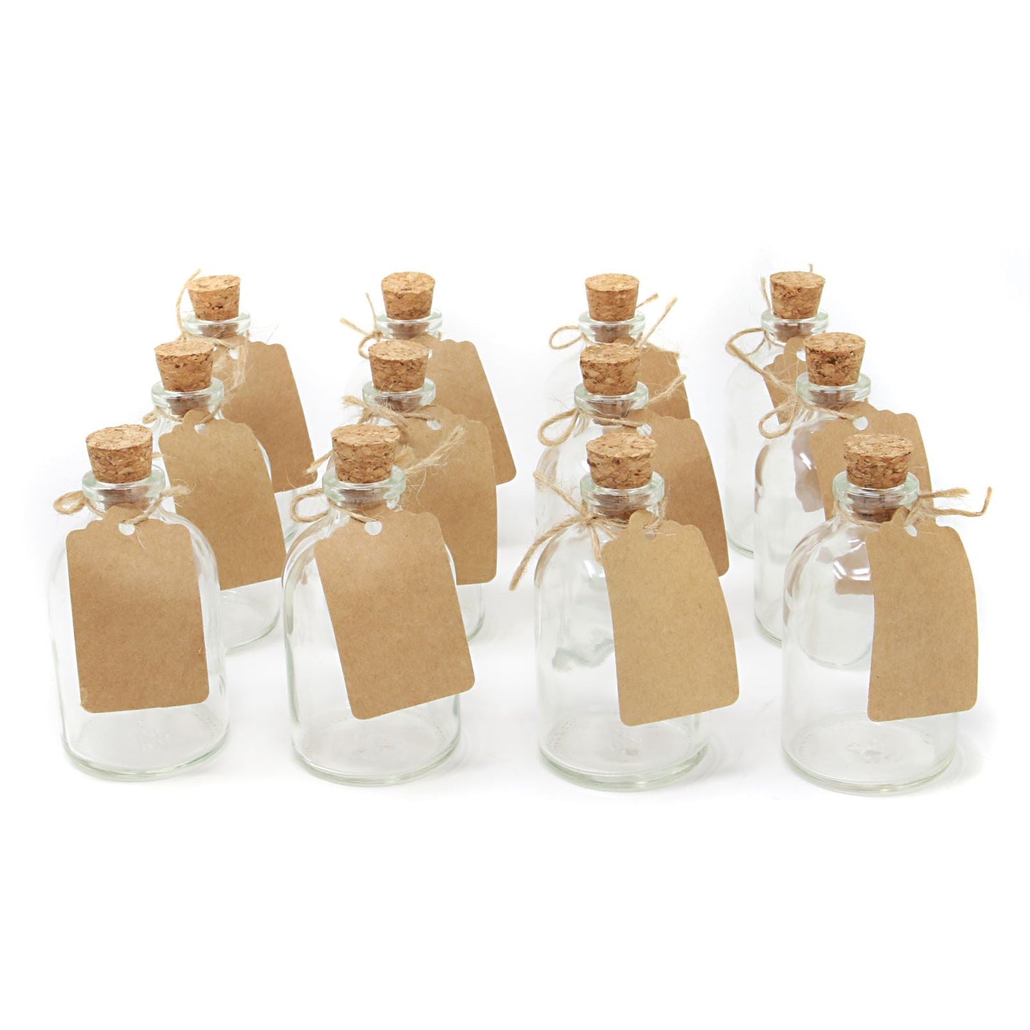 Mini Glass Bottles with Cork Stoppers | Set of 12 | 50ml Each | Decorative Labels & String | 7cm Tall | Wedding Favours Crafts Drinks | Hand Wash Only