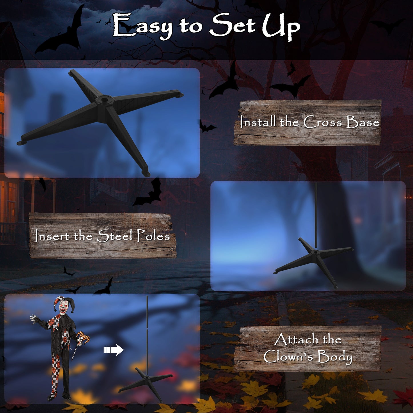 183 cm Life Size Halloween Animated Clown & Skull Staff with Red Light Up Eyes, Sound Activated Moving Arms & Head, Scary Clown Halloween Decorations, Battery Operated, Indoor Party Props