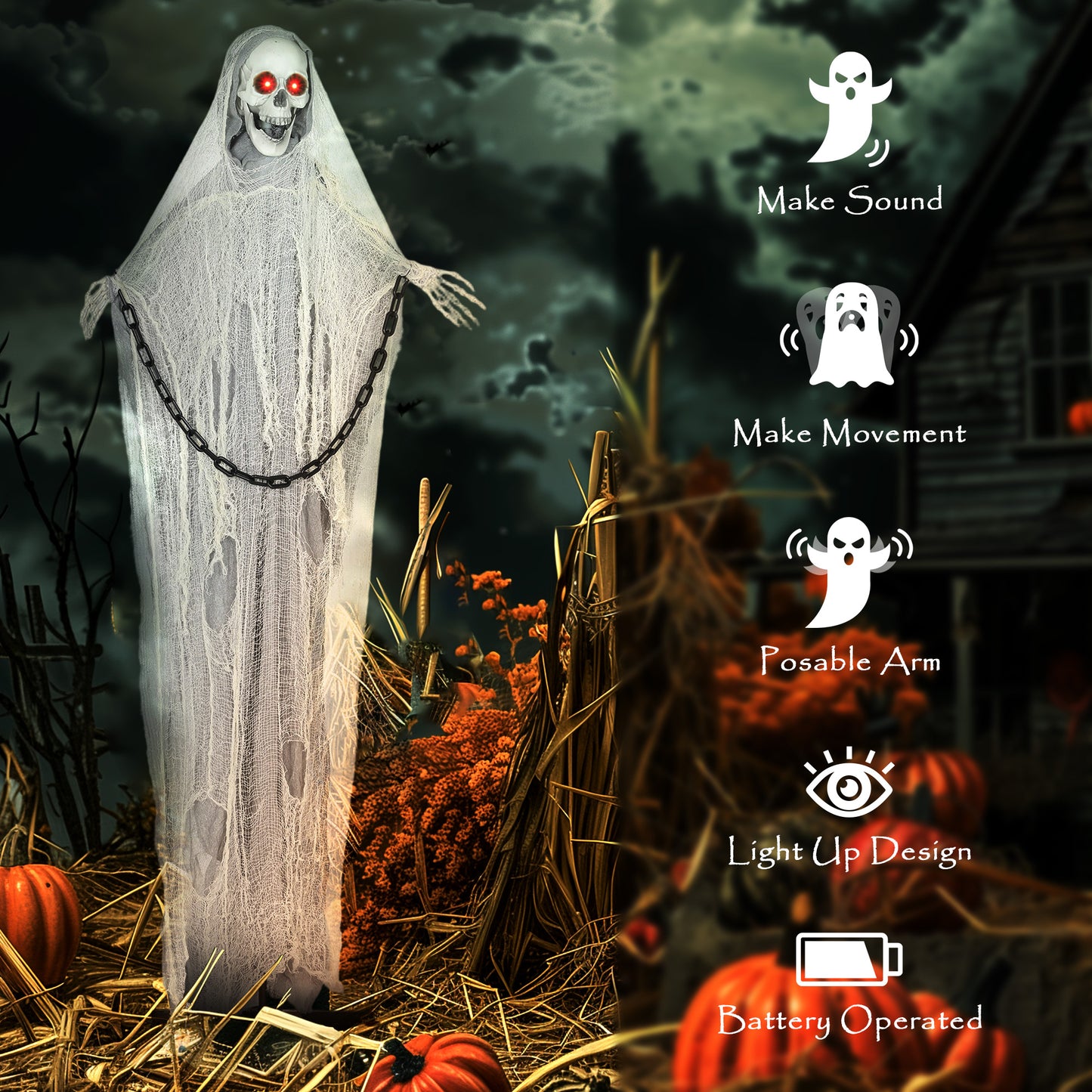 183 cm Life Size Halloween Animated Skeleton Grim Reaper with Glowing LED Eyes, Scary Halloween Decorations, Battery Operated, Indoor Party Props