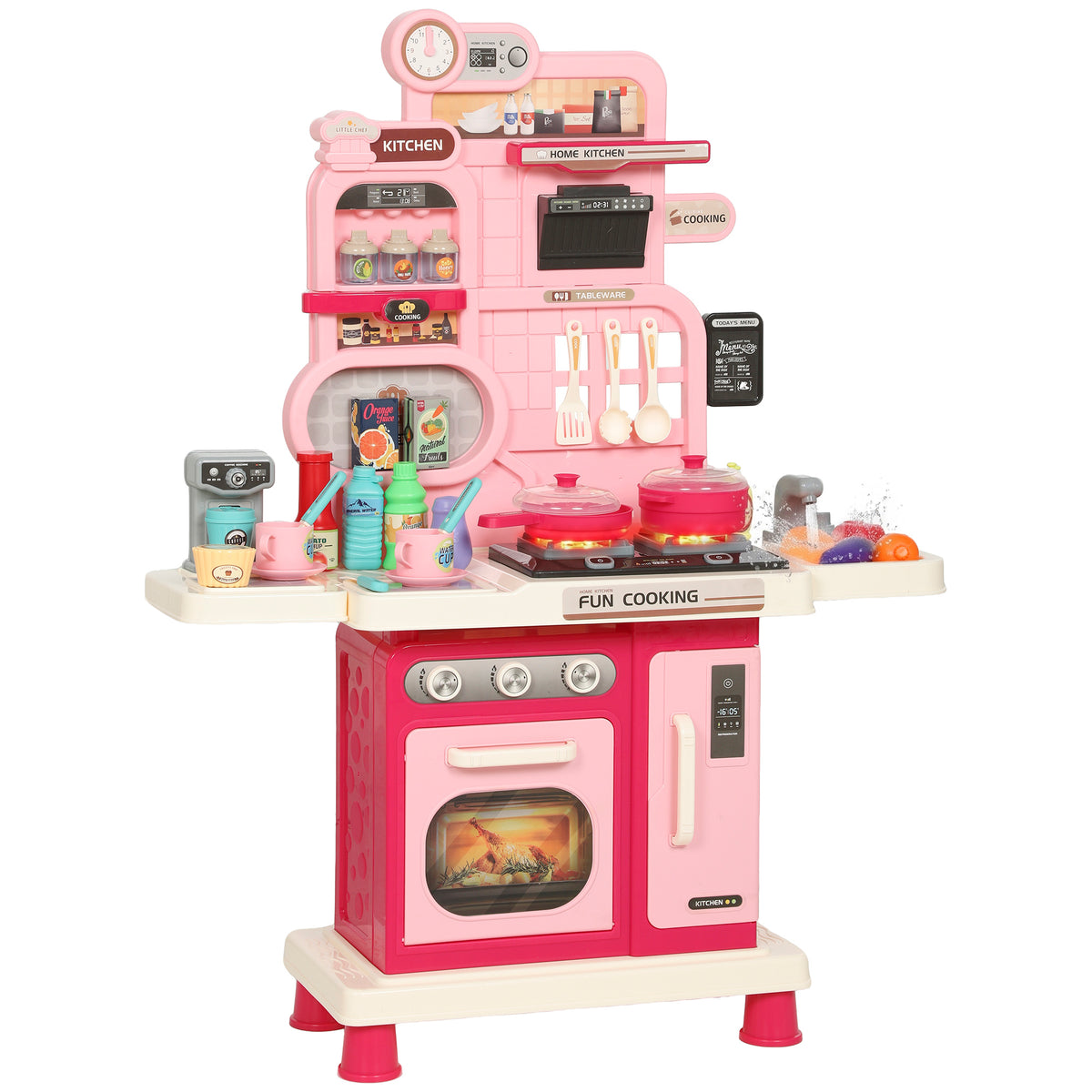 Kids Play Kitchen | Pink 33-Piece Pretend Cooking Set with Lights, Sounds & Water-Circulating Sink