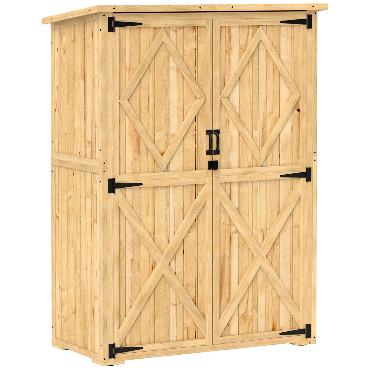 Wooden Garden Storage Shed, Tool Storage Cabinet with Asphalt Roof and 2 Shelves for Garden Tools, Equipment, Outdoor Tool Shed with Double Doors, Natural