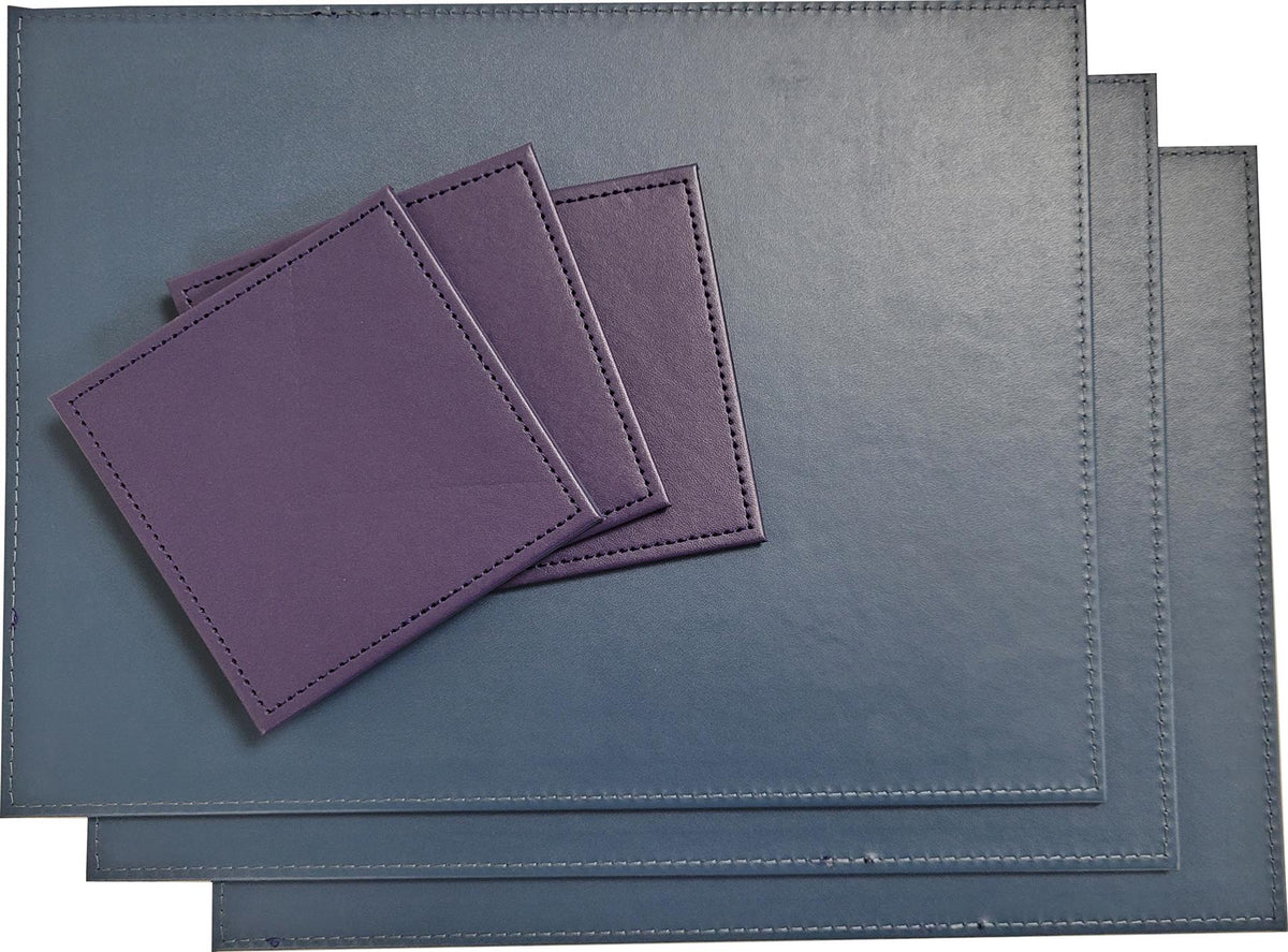 Maison & White Faux Leather Placemats & Coasters | Blue 12-Piece Table Set for 6 | Stitched Edges & Wipe-Clean Finish