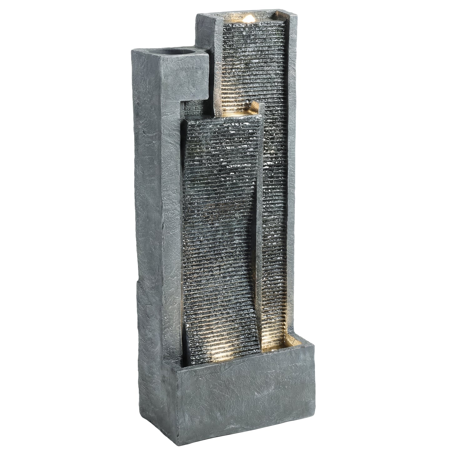 Tall 3-Tier Resin Waterfall Fountain with Top Planter | LED Lights | Water Curtain Effect | 22-25L | 12W | 230V | 3m Cable | 38x19x101cm | Garden Patio & Balcony | Dark Grey