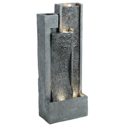Tall 3-Tier Resin Waterfall Fountain with Top Planter | LED Lights | Water Curtain Effect | 22-25L | 12W | 230V | 3m Cable | 38x19x101cm | Garden Patio & Balcony | Dark Grey