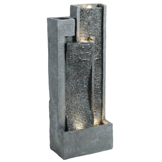 Tall 3-Tier Resin Waterfall Fountain with Top Planter | LED Lights | Water Curtain Effect | 22-25L | 12W | 230V | 3m Cable | 38x19x101cm | Garden Patio & Balcony | Dark Grey