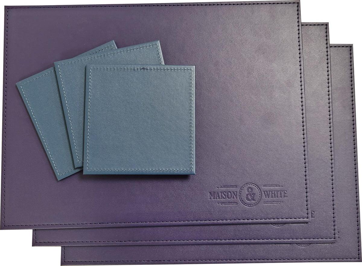 Maison & White Faux Leather Placemats & Coasters | Blue 12-Piece Table Set for 6 | Stitched Edges & Wipe-Clean Finish