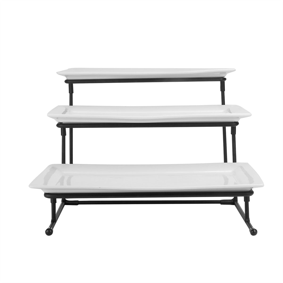 Maison & White 3 Tier Serving Stand with Ceramic Platter Plates | 37x27.5x20cm Stand | 3x Platters 29x15.5cm | Coated Iron Frame | Adjustable Angle | Fridge Safe | Fragile | 2-Year Warranty