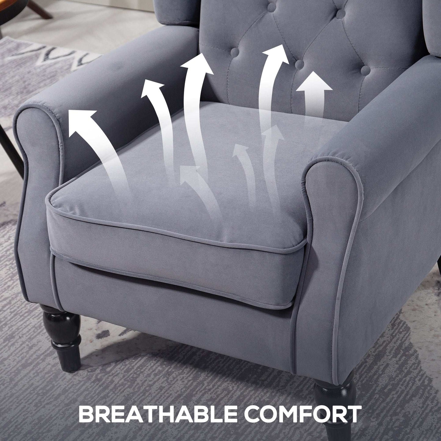 Retro Vintage Style Wingback Accent Chair, Upholstered Button Tufted Occasional Chair for Living Room and Bedroom, Charcoal Grey