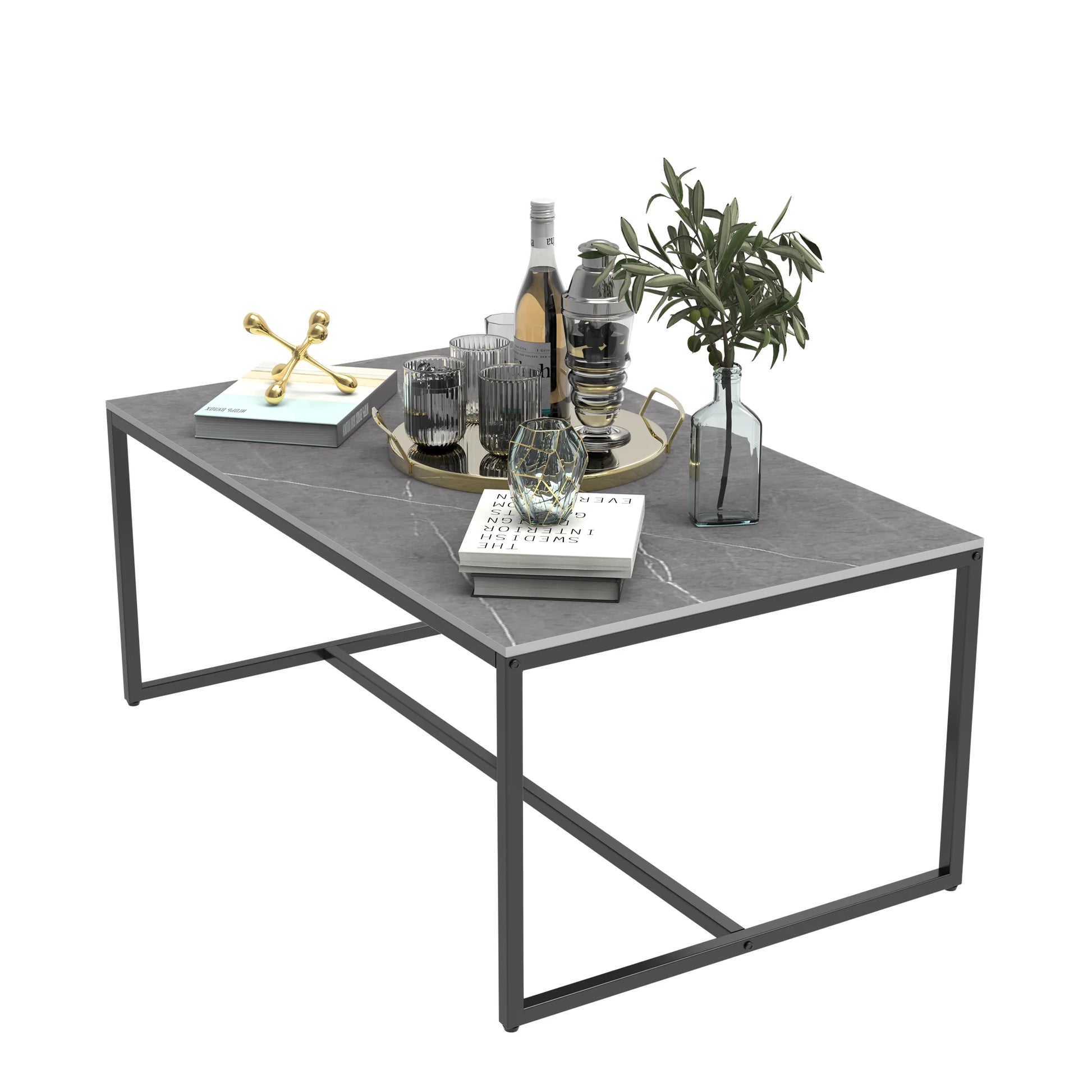 Natural Sintered Stone Sofa Centre Coffee Table With Black Metal Frame - Rectangular Furniture Decor Table for Living Room