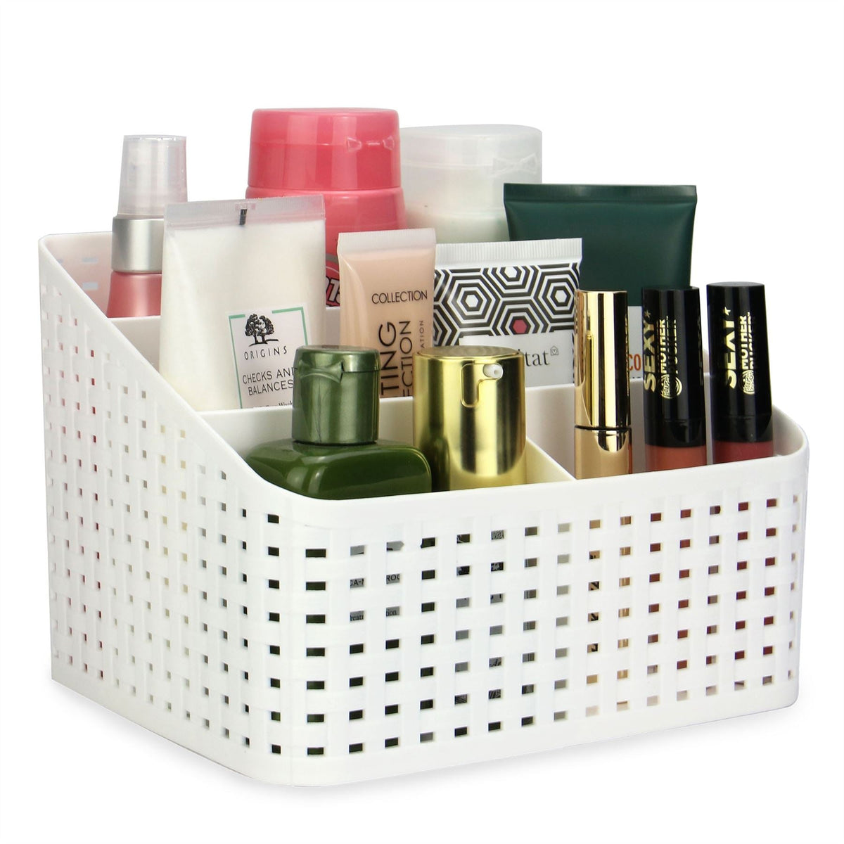 Pukkr White Cosmetic Storage Organiser | 5 Compartments | Rattan-Style Plastic Makeup & Toiletry Caddy | 19.2cm