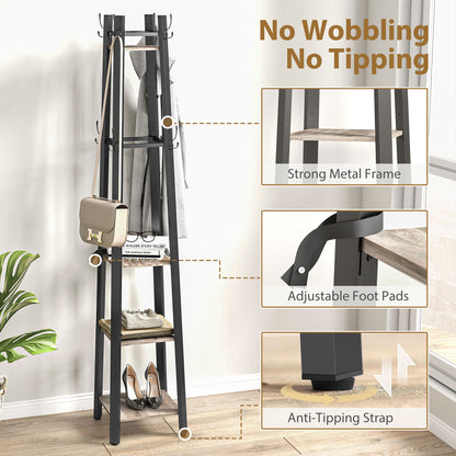 Industrial Coat Stand with 8 Hooks and 4 Shelves - Grey / Rustic Brown