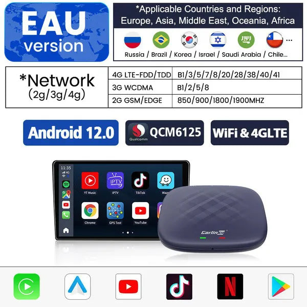 CarlinKit CarPlay Ai Box PLUS Android 12 8G+128G Wireless Android Auto CarPlay Adapter Qualcomm 6125 8-cores Netflix YouTube IPTV 4G LTE