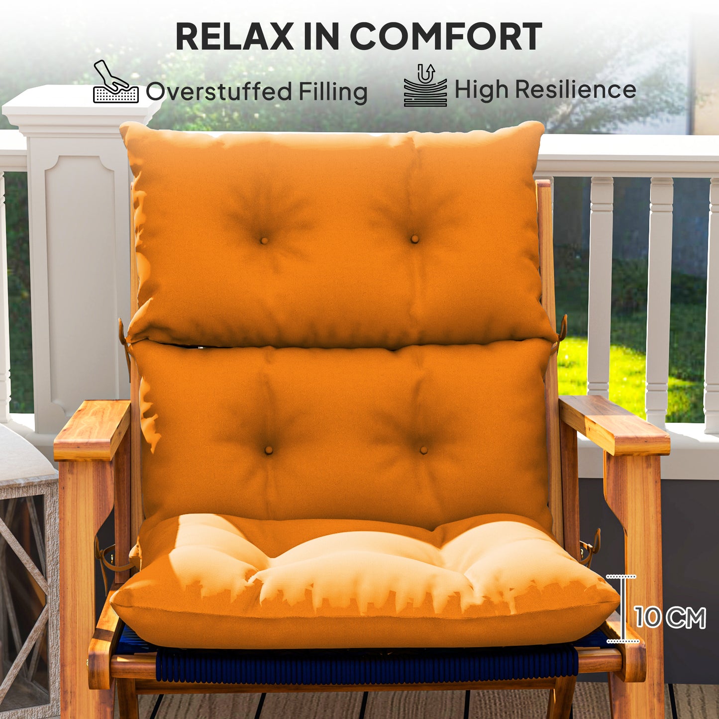 Set of 2 Garden Chair Cushions | 10cm Thick | PP Cotton Filling | Button Detail | Tie Fastenings | Fade & Stain Resistant | Adirondack & Rocking Chairs | 115 x 56 x 10cm | Orange