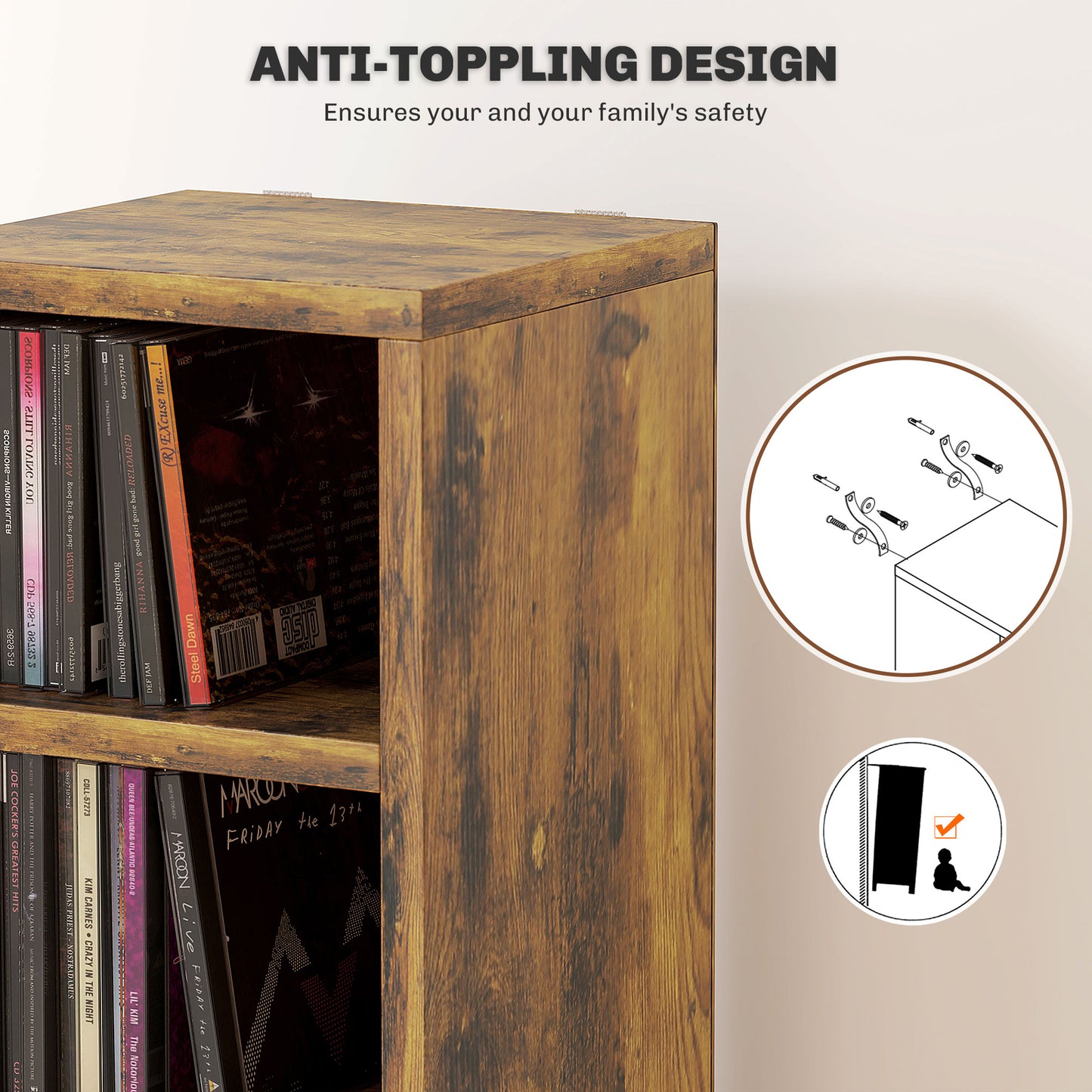 204 CD Tall Narrow Media Storage Tower - Rustic Brown / Black