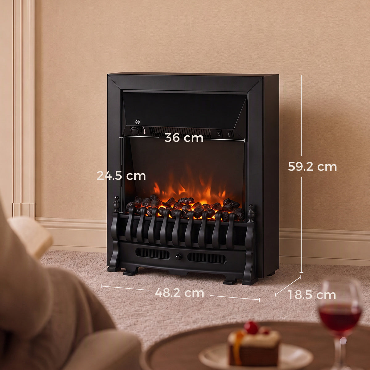 Electric Fireplace | 1000W/2000W Freestanding & Inset Fire | LED Flame & Glowing Coal Bed | Adjustable Thermostat | Matt Black