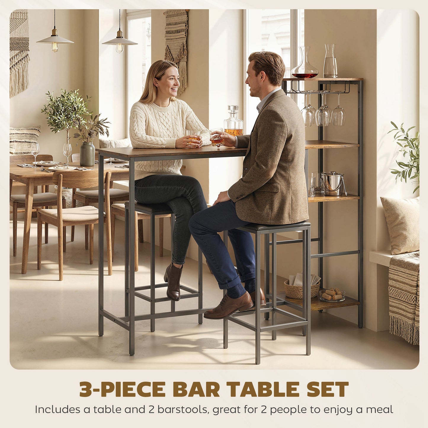 3-Piece Breakfast Bar Table & Stools Set | 4-Tier Shelving | Wine Glass Racks | Faux Leather Stools | Footrests | Rustic Brown