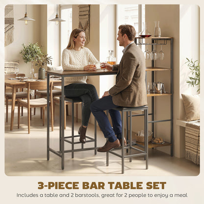 3-Piece Breakfast Bar Table & Stools Set | 4-Tier Shelving | Wine Glass Racks | Faux Leather Stools | Footrests | Rustic Brown