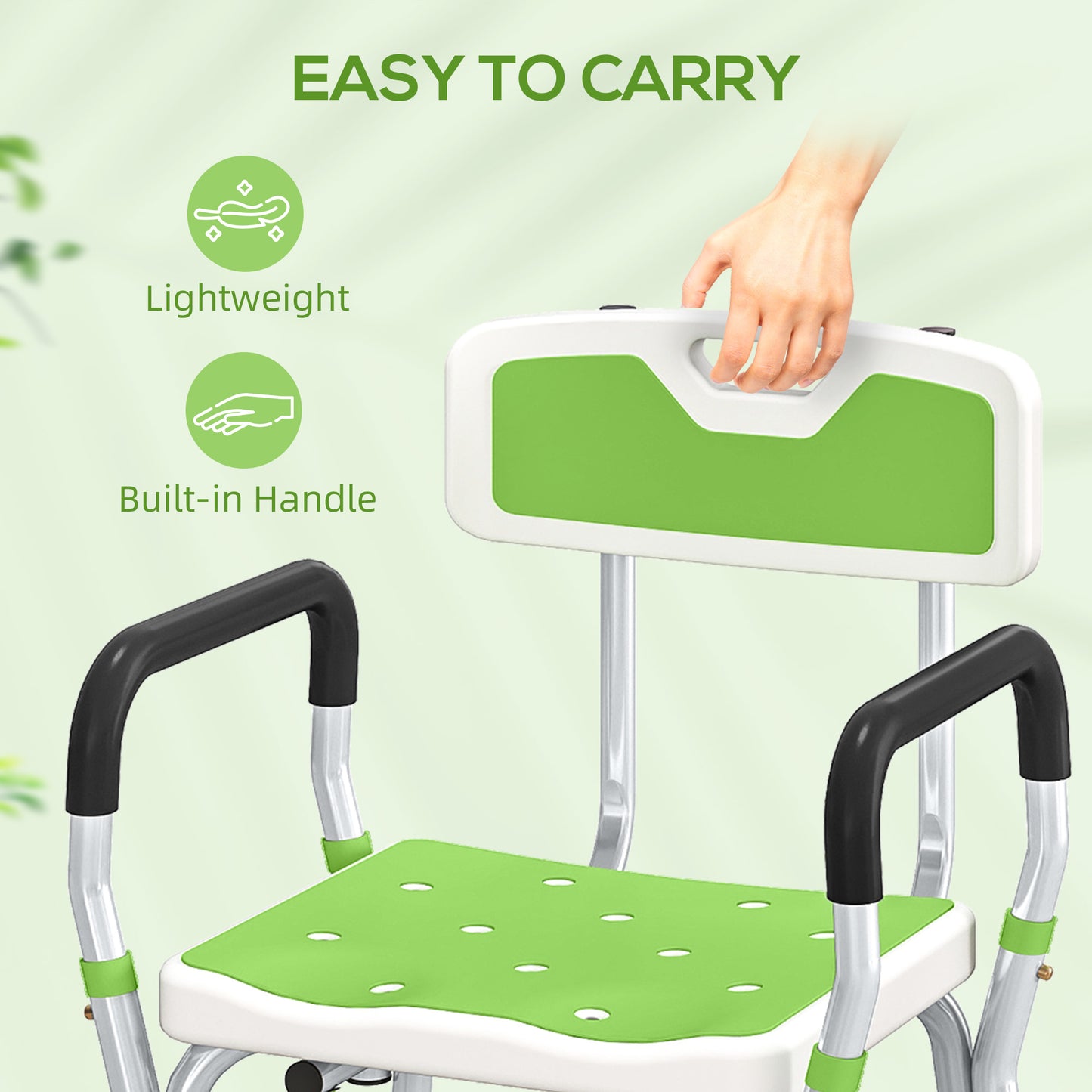 EVA Padded Shower Chair, Height Adjustable Shower Stool With Back and Arms, 4 Suction Foot Pads, Green