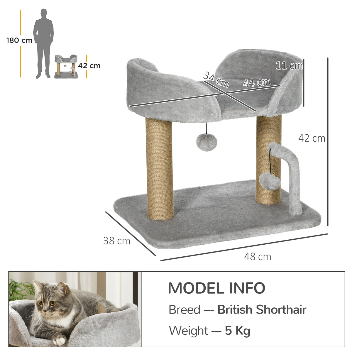 PawHut Designer Cat Tree Scratching Post | Light Grey | 48x38x42cm | 2 Jute Posts | 2 Hanging Pom-Pom Toys | 220g/m² Plush | Observation Platform | E1 Particleboard | Cats Under 5kg