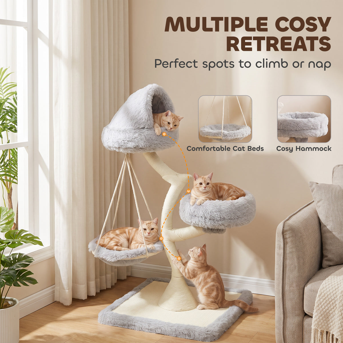 PawHut 115cm Modern Cat Tree | Branch-Style Sisal Scratching Post | 2 Washable Beds & Hanging Hammock | 60cm Base | Light Grey | For 1 Cat up to 6kg