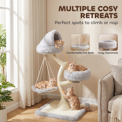 PawHut 115cm Modern Cat Tree | Branch-Style Sisal Scratching Post | 2 Washable Beds & Hanging Hammock | 60cm Base | Light Grey | For 1 Cat up to 6kg