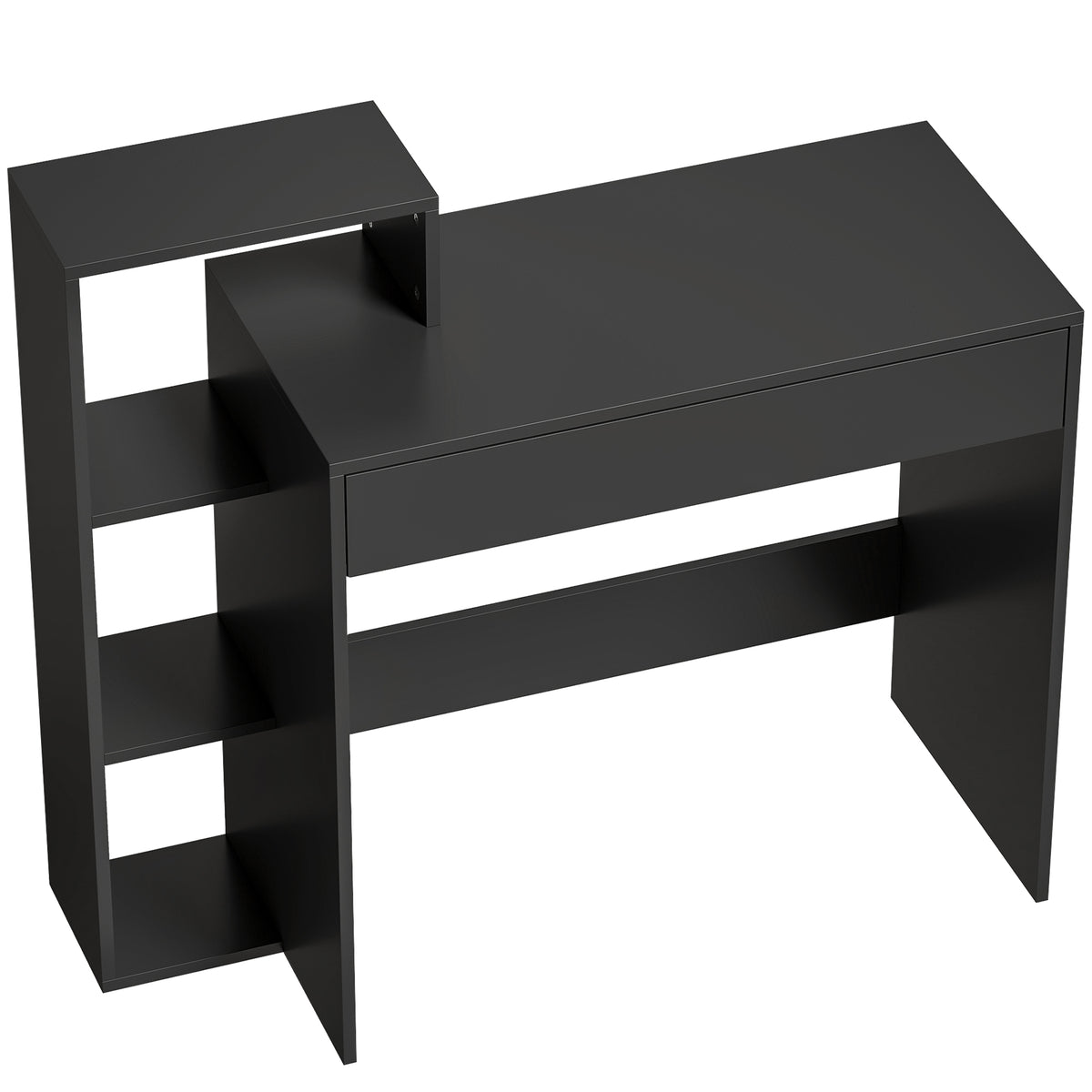 Compact Computer Desk with Storage | Wide Drawer & 3 Open Side Shelves | Black Study Workstation with Melamine Finish | 100W × 40D × 90Hcm