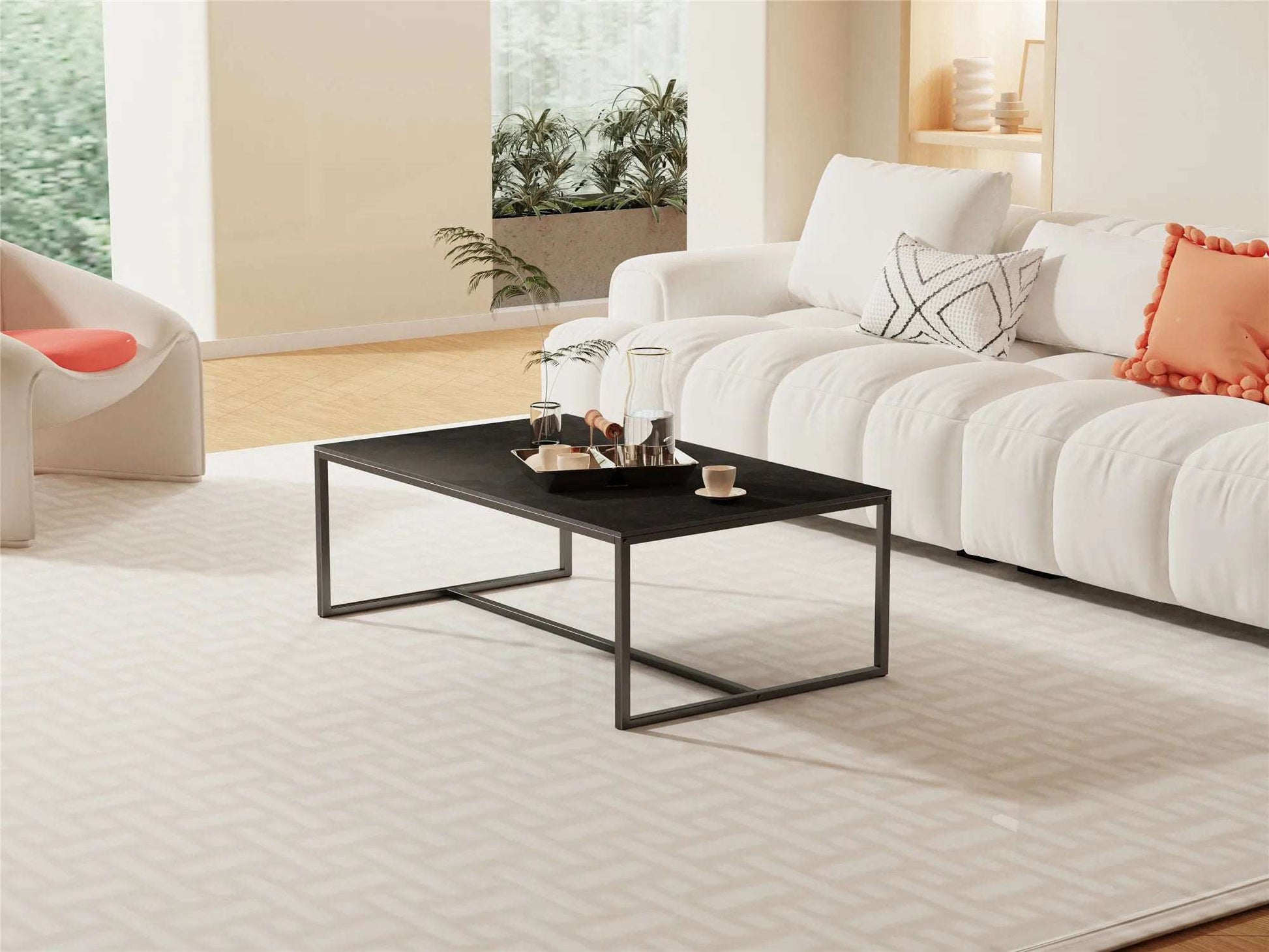 Natural Sintered Stone Sofa Centre Coffee Table With Black Metal Frame - Rectangular Furniture Decor Table for Living Room