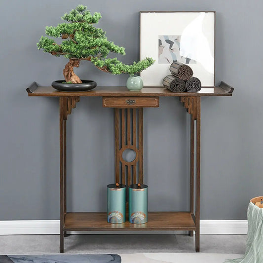 Ancient Oriental Hall Console Accent Table For Entryway With Drawer Storage Shelf Natural Bamboo Wood Furniture