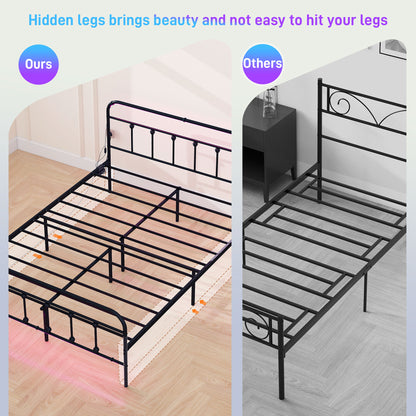 Double Bed Frame with LED Lights and Charging Station, Metal Platform Bed Frame with Under Bed Storage, Black