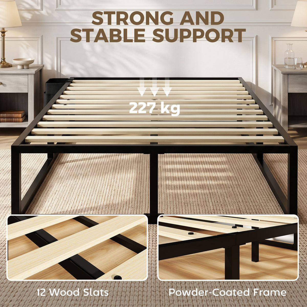 3ft Single Bed Frame | 12 Slats | Metal Platform | Storage Bag | Anti-Slip Pads | 227kg Capacity | Black