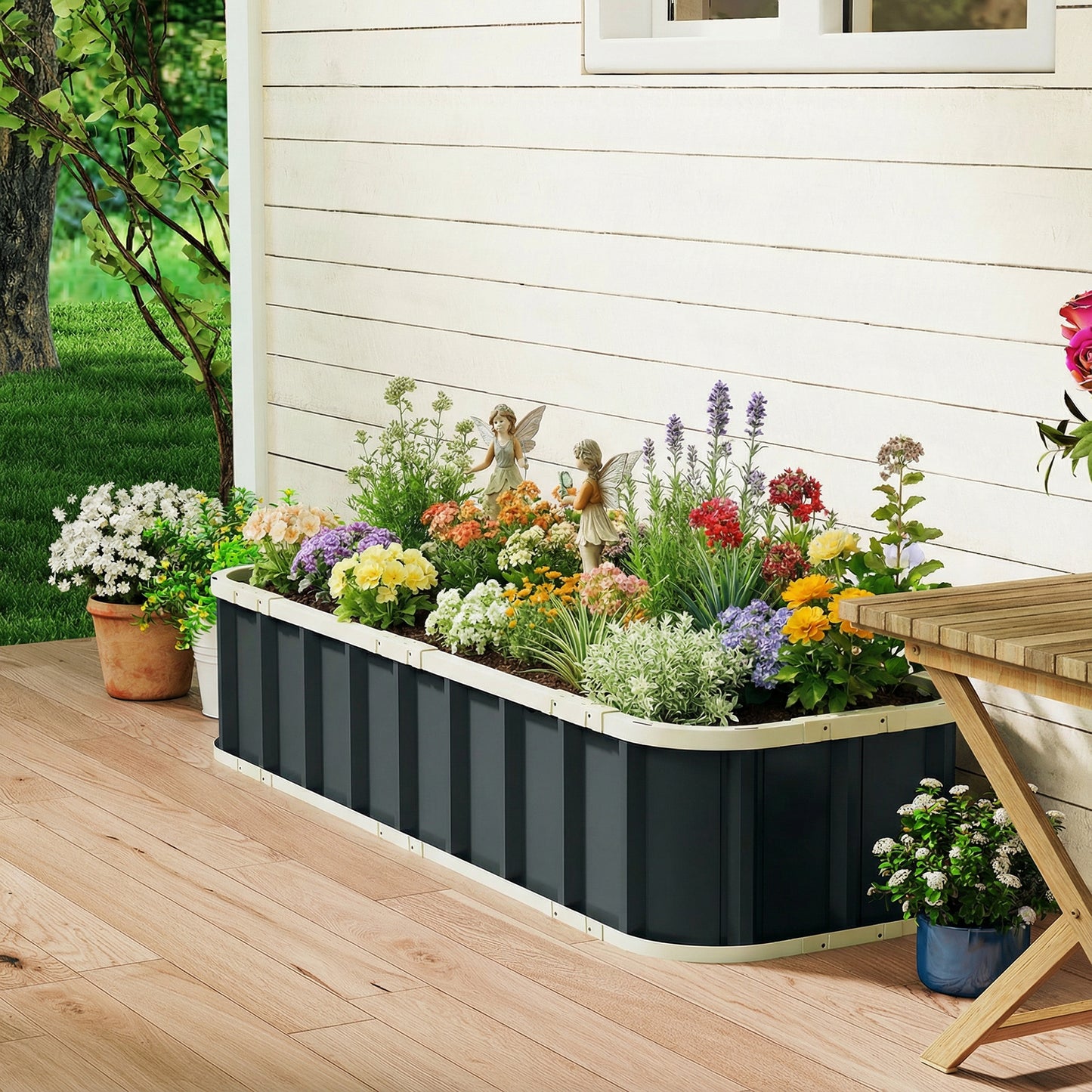 Galvanised Steel Raised Garden Bed | Folded Safety Edges | Snap-On Tool-Free Assembly | Powder-Coated Rust-Resistant | Open Bottom | 165x52x31cm | Herbs Flowers & Veg | Dark Grey